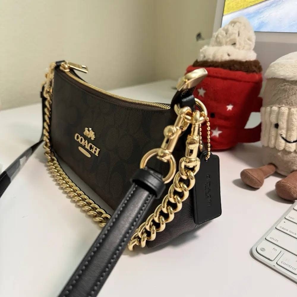 Coach Signature Brown Shoulder Bag with Gold Chain - Picture 3 of 8